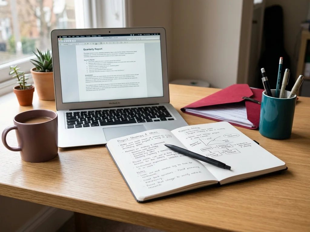 Espace de travail ordonné avec notes manuscrites illustrant la rédaction de contenus pour le blog Entreprise.