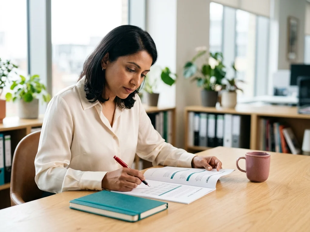 Entrepreneuse analysant des rapports de gestion dans un bureau lumineux pour optimiser sa stratégie.